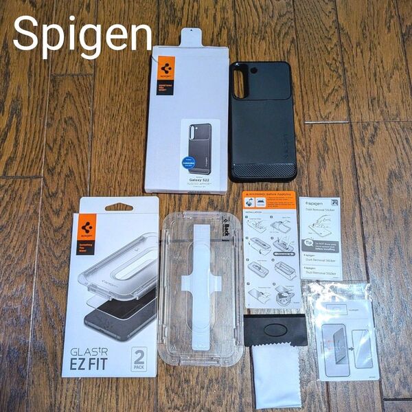 Spigen シュピゲン Galaxy S22 ケース ラギッドアーマー+EZ FIT保護ガラスフィルム1枚 指紋認証