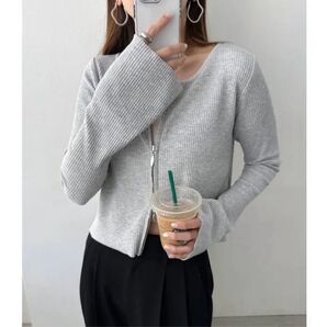 615.3 andme セルフカットリブダブルジップショート丈カーディガントップス グレー Mサイズ