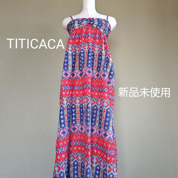 TITICACA 新品未使用 ノースリーブ ロングワンピース 赤青幾何学模様