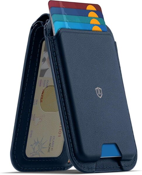 SHIELDON スマホカードケース ネイビー 本革レザー 磁力吸着 スマホスタンド 角度調節 6枚カード収納 RFIDロッキング