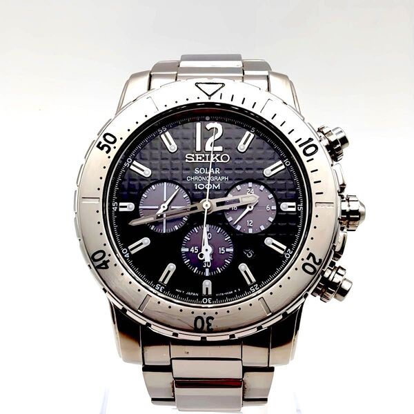 ★美品★希少 逆輸入 SEIKO セイコー ソーラー クロノグラフ メンズ腕時計 グレー 限定 海外 シルバー SSC223P1