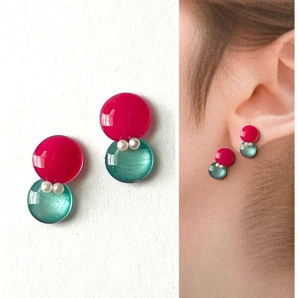No.125ハンドメイドピアス イヤリング レジン パール 2連 ピンク ターコイズ ラメ 4点購入プレゼントあり