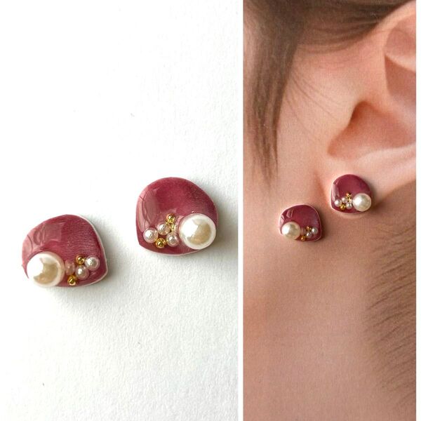 No.75ハンドメイドピアス イヤリング レジン プラ板 レッド ゴールドパール