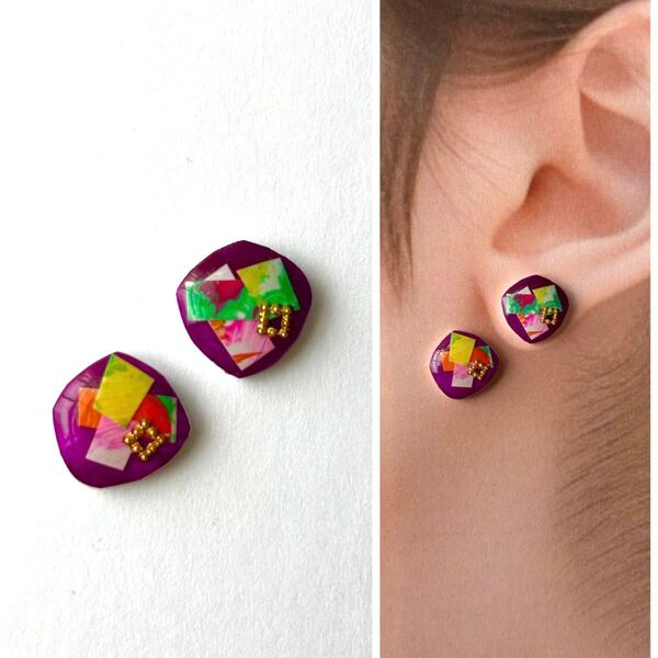 No.51ハンドメイドピアス イヤリング レジン プラ板 紫 パープル ゴールド