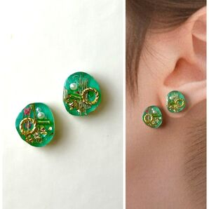 No.165ハンドメイドピアス イヤリング レジン ターコイズ 緑 ゴールド