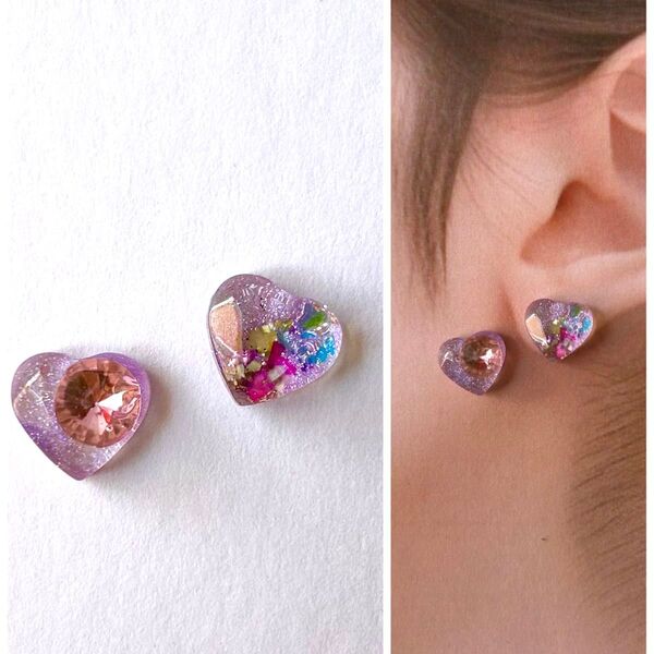 No.195ハンドメイドピアス イヤリング レジン ハート ピンク シェル ラメ