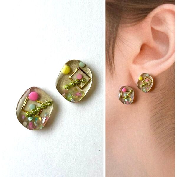 No.42ハンドメイドピアス イヤリング レジン シルバー ベージュ ゴールド