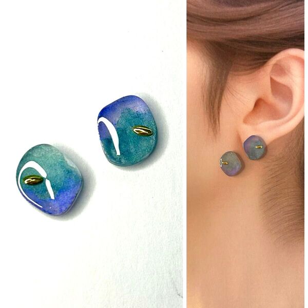 No.191ハンドメイドピアス イヤリング レジン ゴールド 青 緑 水彩