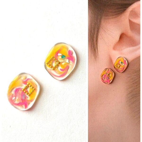 No.141ハンドメイドピアス イヤリング レジン ピンク 黄色 ゴールド
