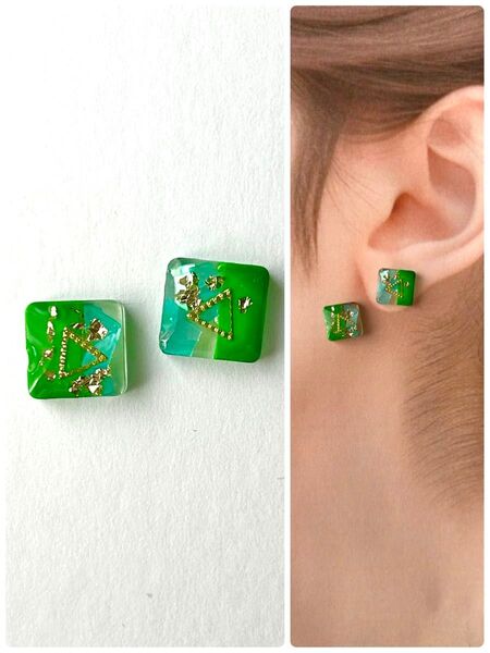 No.403ハンドメイドピアス イヤリング レジン 緑 ゴールド シェル クリア
