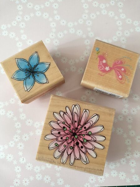 木製スタンプ 3個セット 花柄 鳥柄
