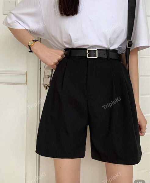 【完売品美品】無地柄 バミューダショーツショートパンツ ハーフパンツ ブラック 黒 ハーフ
