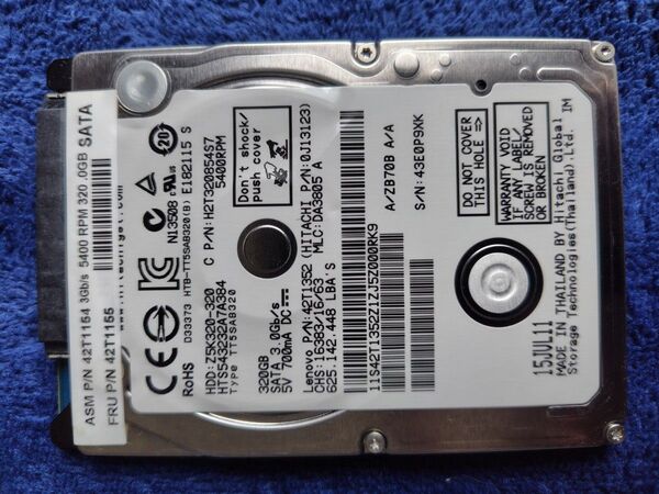送料込 健康正常 HITACHI 320GB HDD HTS543232A7A384 SATA 2.5 送料無料