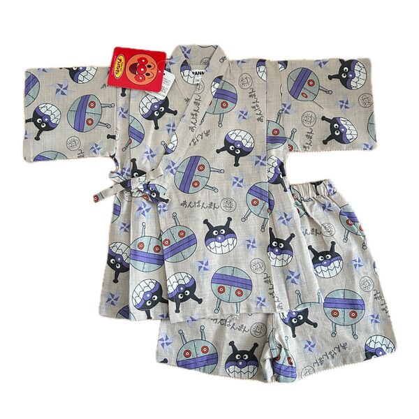 ダダンダン バイキンマン 甚平 90 95 綿 グレー お祭り アンパンマン 浴衣 和装 夏服 半袖 短パン 男の子 女の子 淡灰