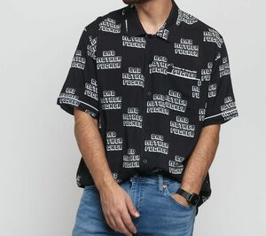 限定 USA正規品 【M】 HUF ハフ 半袖 ボタンシャツ 黒 パルプフィクション PULPFICTION バッドマザーファッカー 総柄 ブラック BAD MF