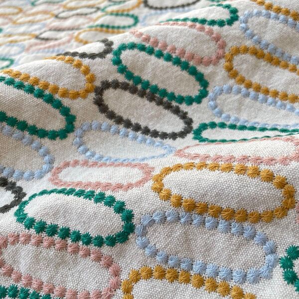 s1▼140×50cm▼コットンリネン刺繍生地▼サークル柄 ドット柄 タンバリン柄 カラー 立体感 カラフル 中厚