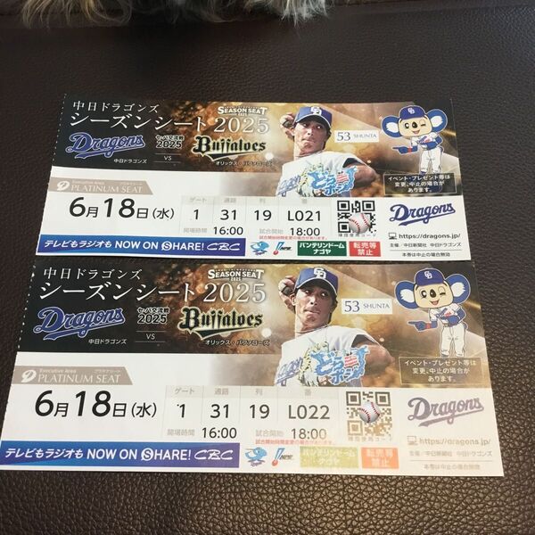 6月18日(水) 前から4列目 通話側 バンテリンドーム 中日 ドラゴンズ オリックス プラチナシート ペア チケット 交流戦