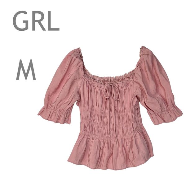 GRL/グレイル 袖2Wayシャーリングリボンブラウス トップス 半袖 スクエアネック オフショルダー M