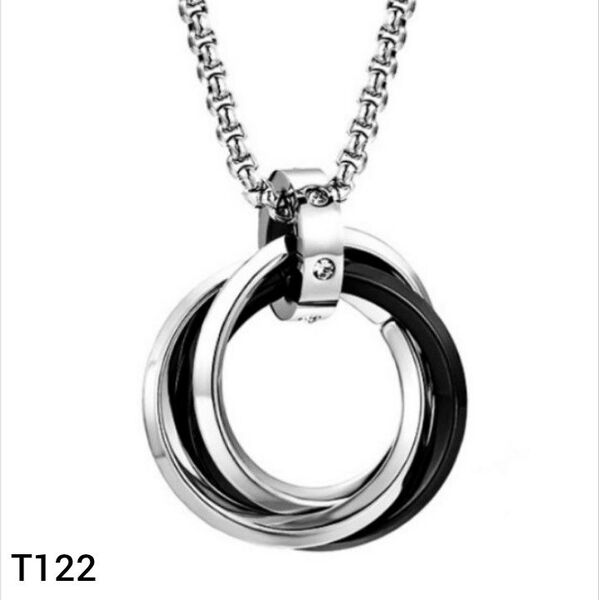 T122 ネックレス メンズ ペンダント 3連リング シンプル ステンレス アクセサリー ブラック トップ ジュエリー アレルギー