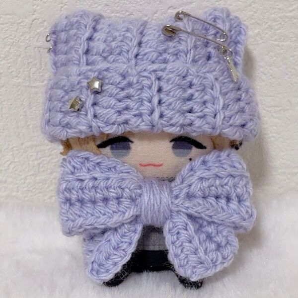 【パステル紫】でかリボン付き ネコ耳 ニット帽 10cm にじぱぺっと ぬい服