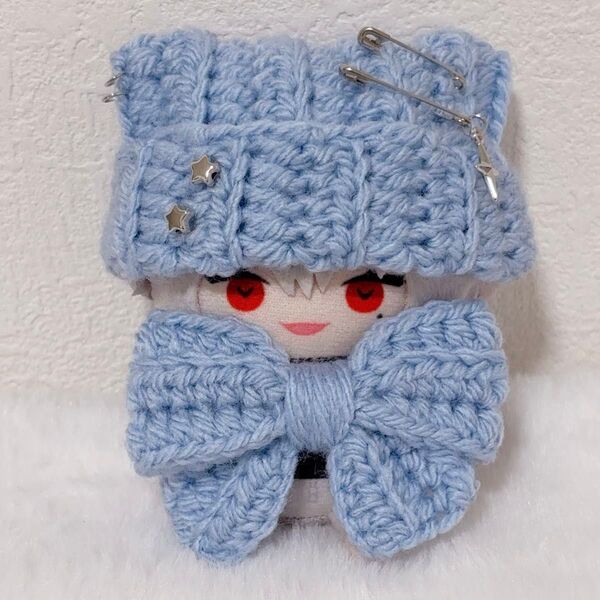 【パステル水色】でかリボン付き ネコ耳 ニット帽 10cm にじぱぺっと ぬい服