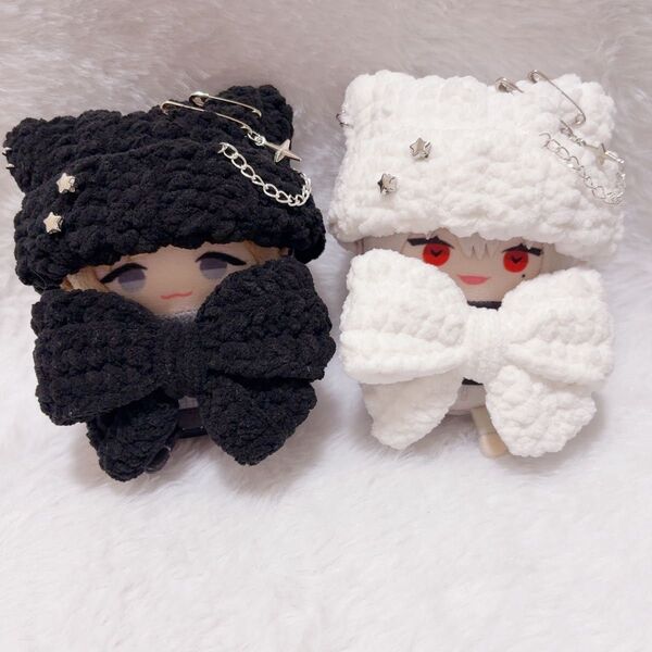 【もこ白黒セット】でかリボン付き ネコ耳 ニット帽 10cm にじぱぺっと ぬい服