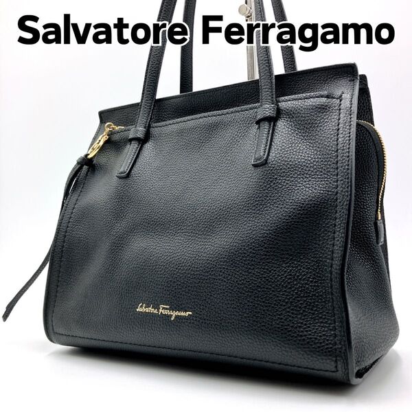 【極美品】Ferragamo フェラガモ エイミー トートバッグ ハンドバッグ ブラック ガンチーニ レザー 肩掛け ゴールド金具