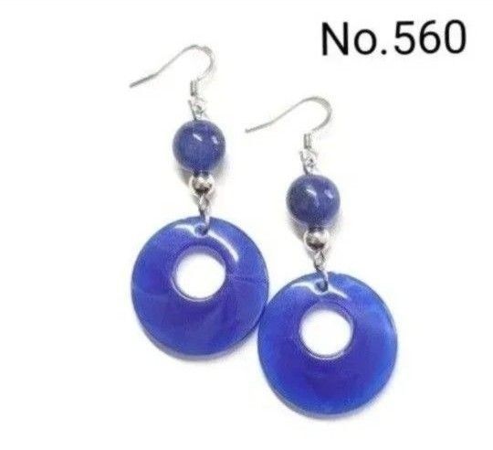 No.560 ハンドメイドピアス イヤリング 樹脂ピアス アクリルパーツ 丸 ブルーマーブル シルバー アクセサリー