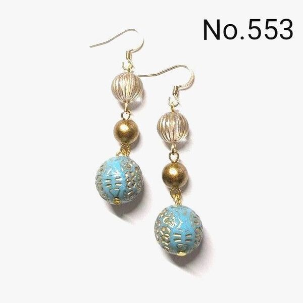 No.553 ハンドメイドピアス イヤリング 樹脂ピアス アンティーク調アクリルビーズ ライトブルー模様 アクセサリー