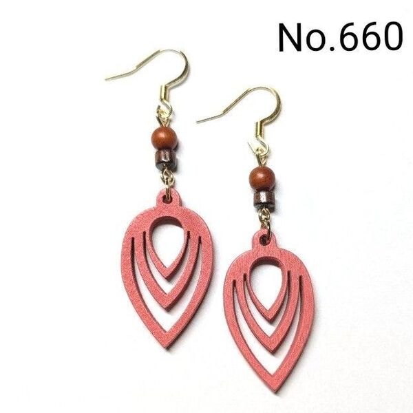 No.660 ハンドメイドピアス イヤリング 樹脂ピアス ウッドパーツ 赤系 アクセサリー