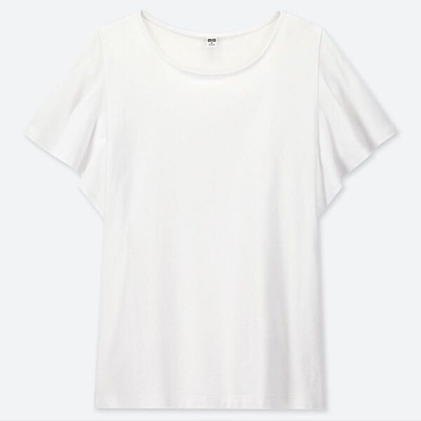 【ユニクロ/UNIQLO】美品 ラッフルスリーブT フリル袖Tシャツ トップス S カットソー 半袖 白 ホワイト クルーネック