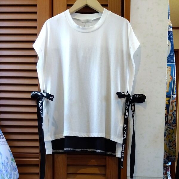新品 異素材切り替えトップス 白黒リボン 綿100%カットソー Tシャツ