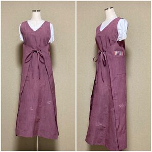笹の葉刺繍柄 4wayワンピースエプロン チュニック ジャンスカ 着物リメイク ハンドメイド