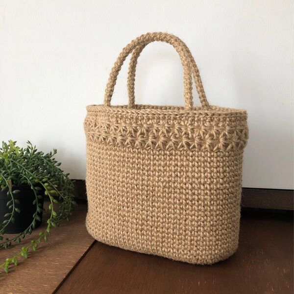 麻紐バッグ 麻ひもバッグ かご 手編み ハンドメイド 模様編み トートバッグ