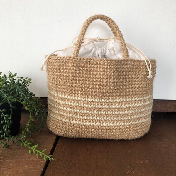 麻紐バッグ 麻ひもバッグ トートバッグ かご 手編み ハンドメイド ボーダー