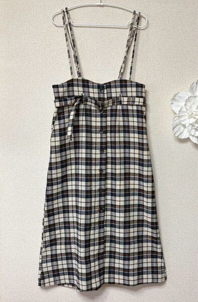 groveグローブ チェック柄 ジャンパースカート S ベージュ×紺×茶 美品