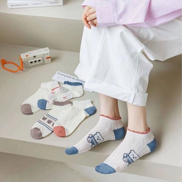 夏ソックス かわいいクマキャラクター柄 通気性ソックス 大人 子供キッズ靴下まとめ シンプル レースショートソックス 抗菌防臭