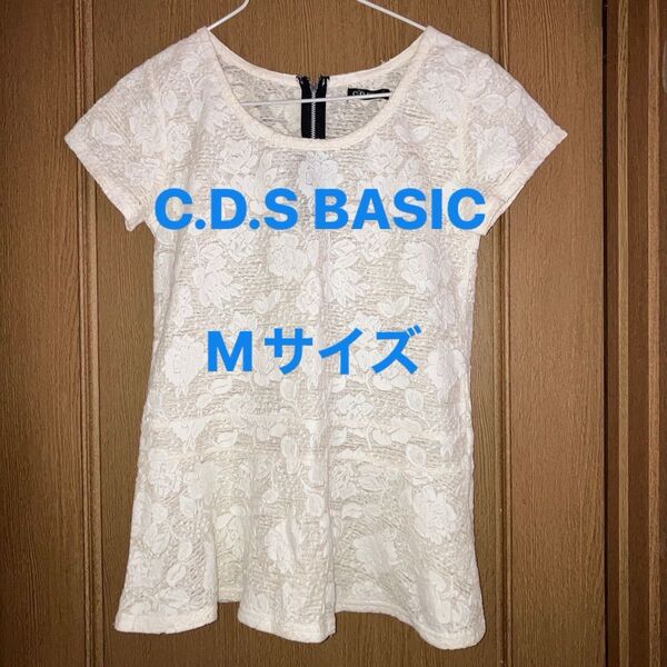 【C.D.S BASIC 】レースのトップス 可愛い 薔薇レースが華やか ペプラムが可憐さアップ Mサイズ