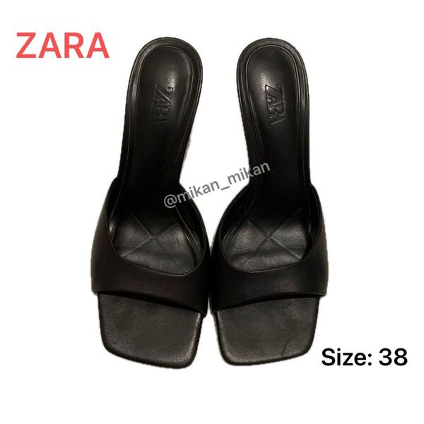 ZARA スクエアトゥ レザー ミュール 38 ブラック ハイヒール 本革 黒 サンダル