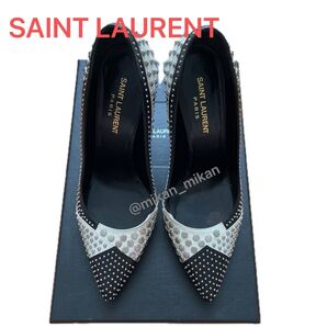 Saint Laurent スタッズ バイカラー パンプス 37.5 11cm ヒール 白黒 正規品 レア物