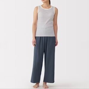 未使用タグ付き 無印良品 楊柳ガーゼ ロングパンツ ワイドパンツ レディースM オーガニックコットン スモーキーブルー