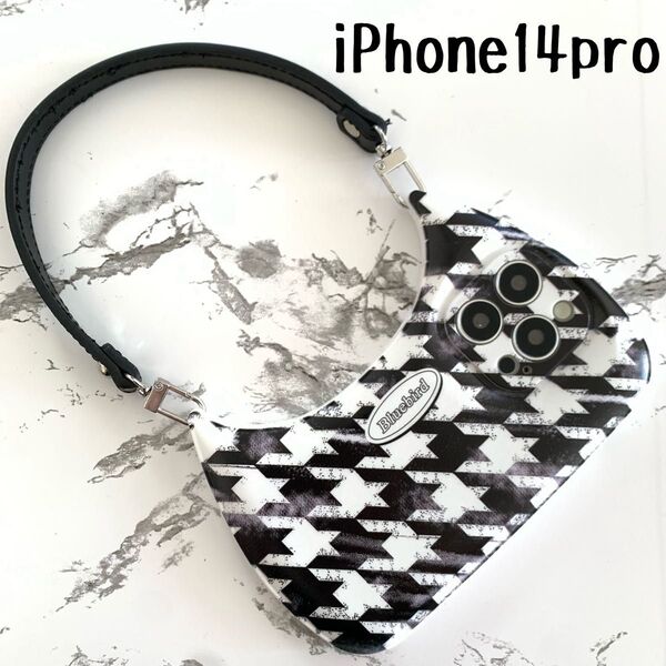 iPhone14Pro ケースカバー ハンドバッグ風♪ 千鳥柄ブラック