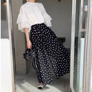 ドット 水玉 ワイドレッグパンツ ワイドパンツ 夏 痩身 体型カバー