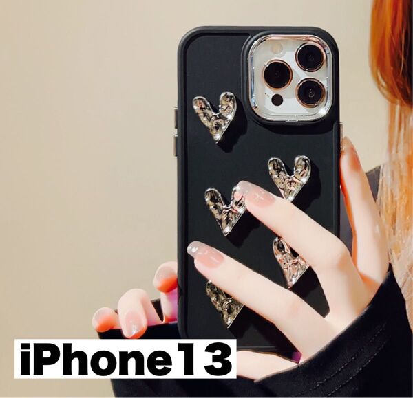 iPhone13 スマホケース ハート ラインストーン ブラック