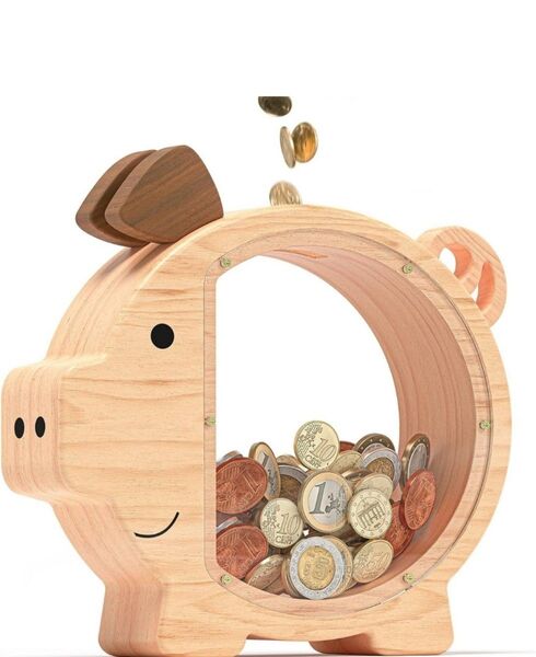 貯金箱 木製 かわいい豚 貯金箱 透明 貯金 小銭 男の子 女の子用 木製工芸品飾り コイン箱 置物 誕生日クリスマス プレゼント