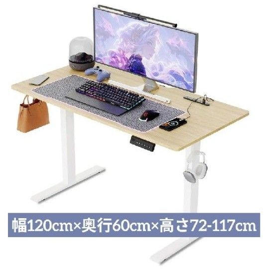 ゲーミングデスク 電動 昇降式デスク USB×コンセント メモリー機能 静音 フック付 ケーブルマネージャー付 pcデスク 120