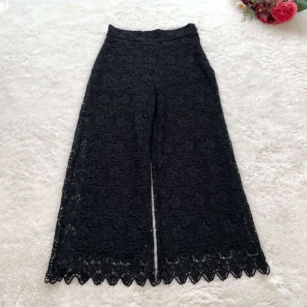 良品 ZARA WOMAN ザラウーマン 総レース ワイドパンツ ブラック 黒 スカラップ ガウチョ 総レース M