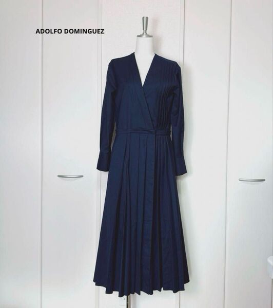 美品 アドルフォドミンゲス カシュクール プリーツ シャツ ロングワンピース ネイビー