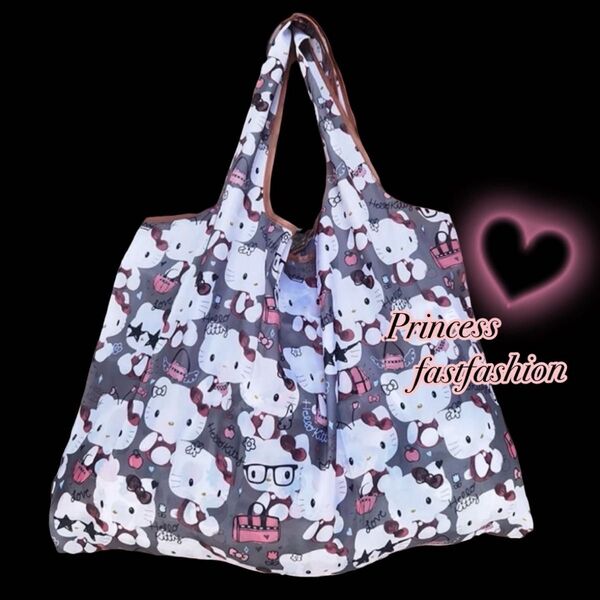 【キティちゃん グレー】BIGサイズ*エコバッグ*ナイロントートバッグ 花柄 折りたたみ 大容量 コンパクト