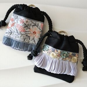 新作 2点セット インド刺繍リボン ミニミニ巾着ポーチ ハンドメイド
